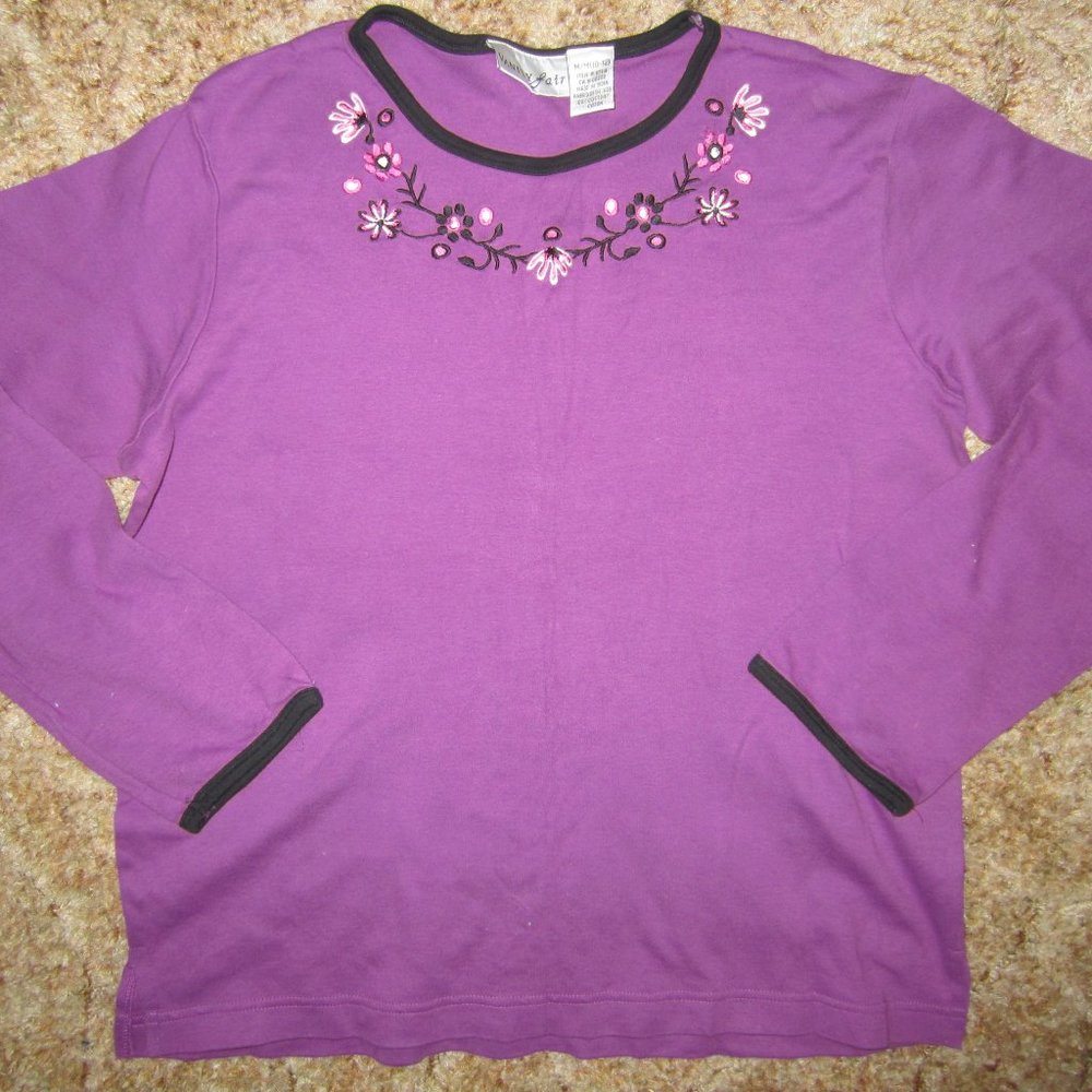 Purple Long Sleeve Shirt Tee w Flower embroidery